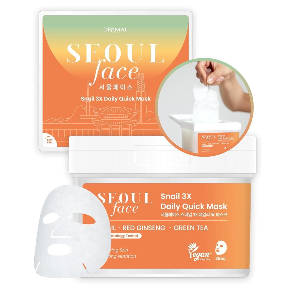imageDERMAL Seoul Face Madecassoside 3X Daily Quick Mask 36 Sheet  Korean Skincare Vegan Tencel Facial Masks  Improving Dark Spots Soften Skin Mask Sheets with Rice Vitamin C Panthenol03 Snail