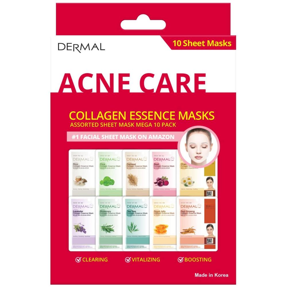 imageDERMAL Acne Care Collagen Essence Masks Assorted Sheet Mask Mega 10 Pack  The Ultimate Supreme Collection for Every Skin Condition Day to Day Skin Concerns Naturemade Freshly Korean Face Mask