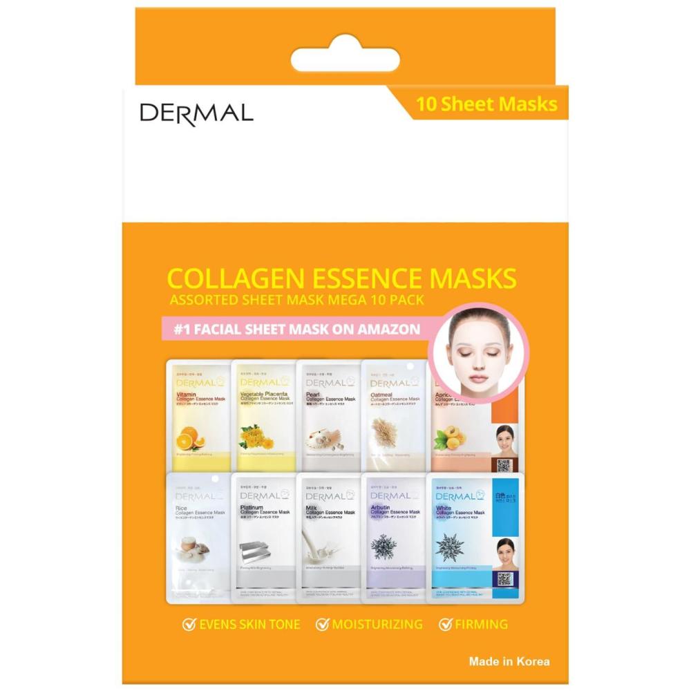 imageDERMAL Brighten Collagen Essence Masks Assorted Sheet Mask Mega 10 Pack  The Ultimate Supreme Collection for Every Skin Condition Day to Day Skin Concerns Naturemade Freshly Korean Face Mask