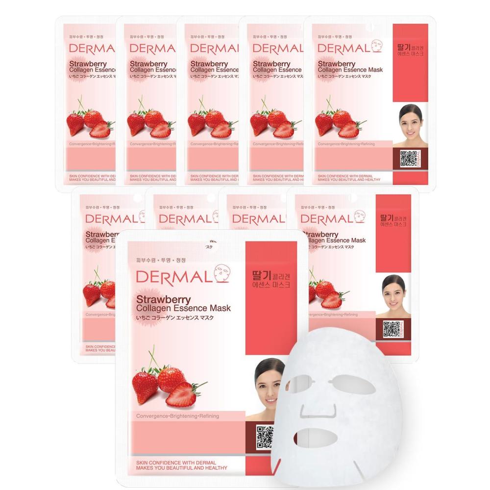 imageDERMAL Herb Collagen Essence Facial Mask Sheet 23g Pack of 10  Skin Clear and Purifying Pore Tightening Calming for Oily Skin Daily Skin Treatment Solution Sheet MaskStrawberry Collagen