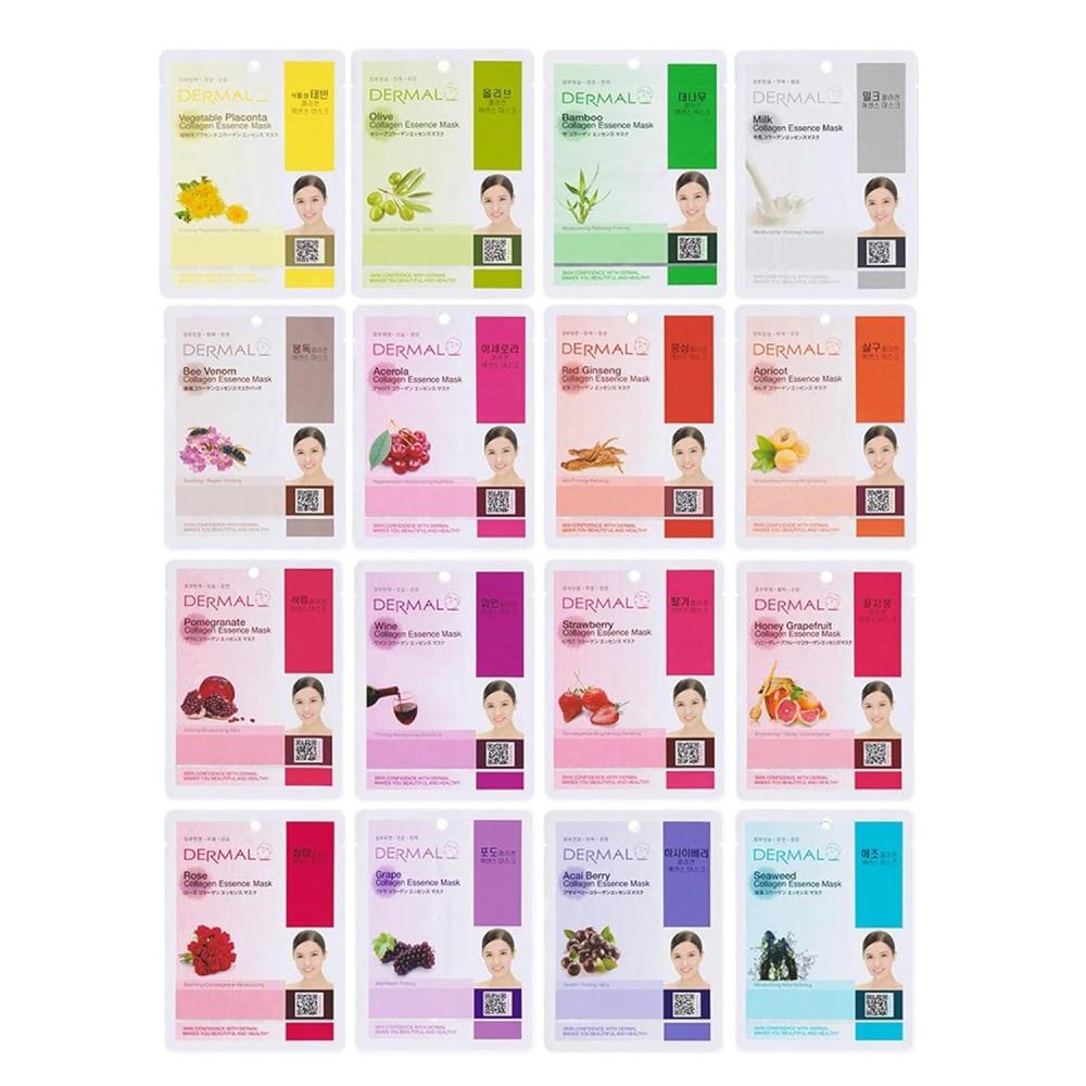 imageDERMAL Korean Collagen Face Mask 32 Combo Pack AB Set  Hydrating amp Soothing Sheet Mask with Panthenol Hypoallergenic Calming Moisture Care for All Skin TypesSet B1 16 Colors