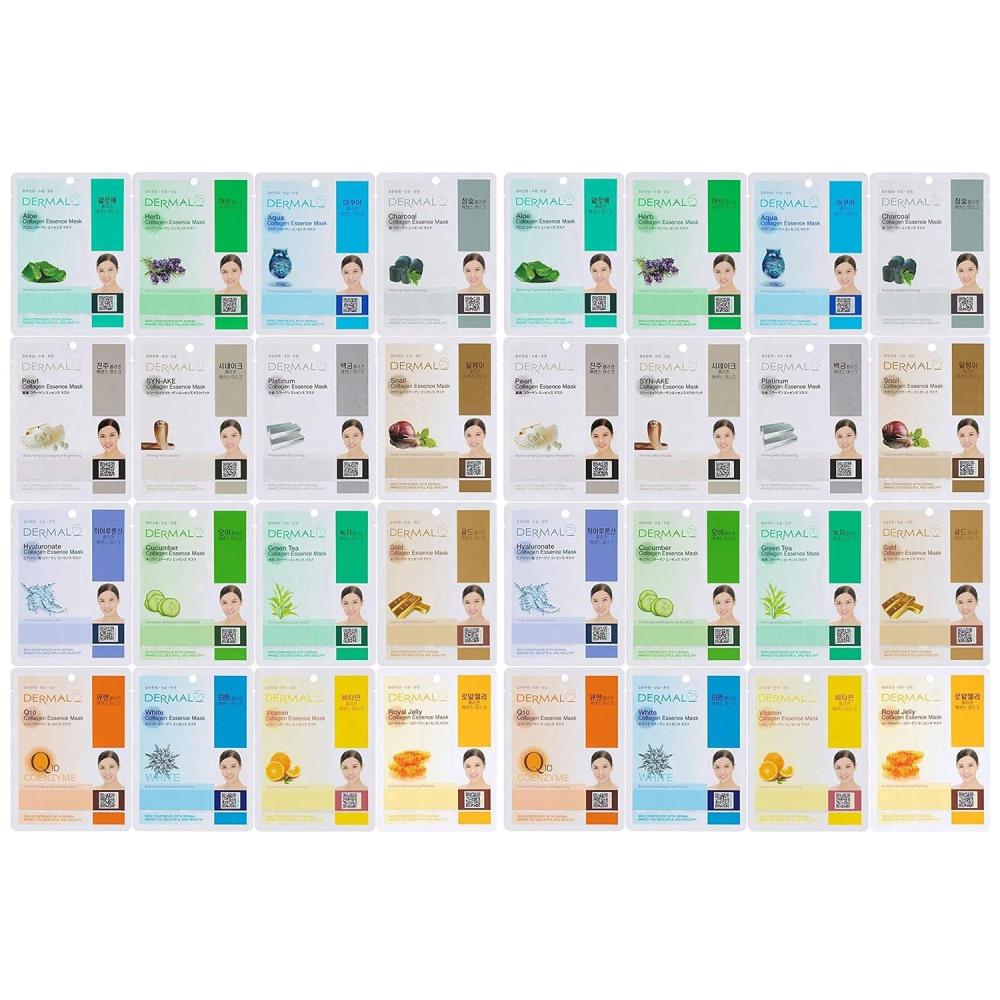 imageDERMAL Korean Collagen Face Mask 32 Combo Pack AB Set  Hydrating amp Soothing Sheet Mask with Panthenol Hypoallergenic Calming Moisture Care for All Skin TypesSet 32 Colors