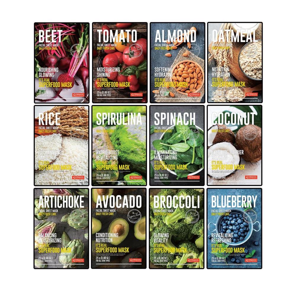 imageDERMAL Super Food Face Masks Skincare 12 Pack Facial Sheet Mask for a Glowing Refreshing Skin Moisturizing Sheet Masks for Face Enriched with Natural Ingredients for All Skin TypesSuperFood 12 Pack